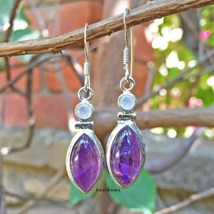 Amethyst & Rainbow Moonstone Facetted 925 Sterling Silver Earring