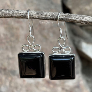 Black Onyx Square Bow 925 Sterling Silver Earring
