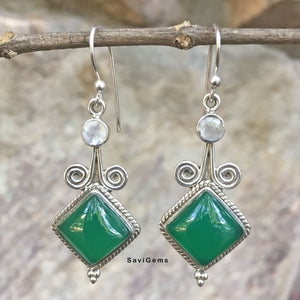 Rainbow Moonstone & Green Onyx Swirl Sterling Silver Earring