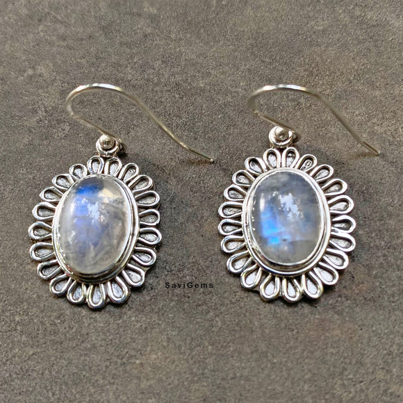 Rainbow Moonstone Sunflower Sterling Silver Earring