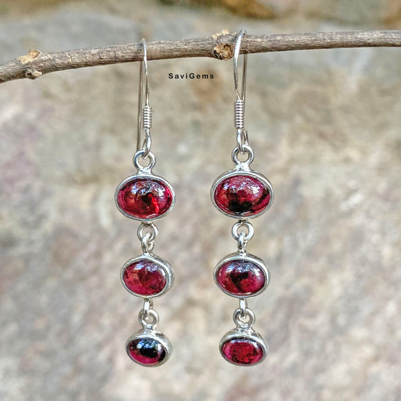 Garnet Triple Drop Sterling Silver Earring