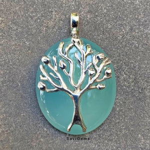 Aqua Chalcedony Eco Tree Sterling Silver Pendant