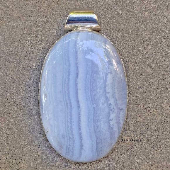 Blue Lace Agate Oval Sterling Silver Pendant