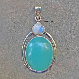 Aqua Chalcedony & Rainbow Moonstone Sterling Silver Pendant