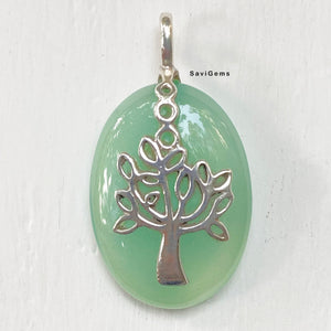 Aqua Chalcedony Leafy Tree Sterling Silver Pendant