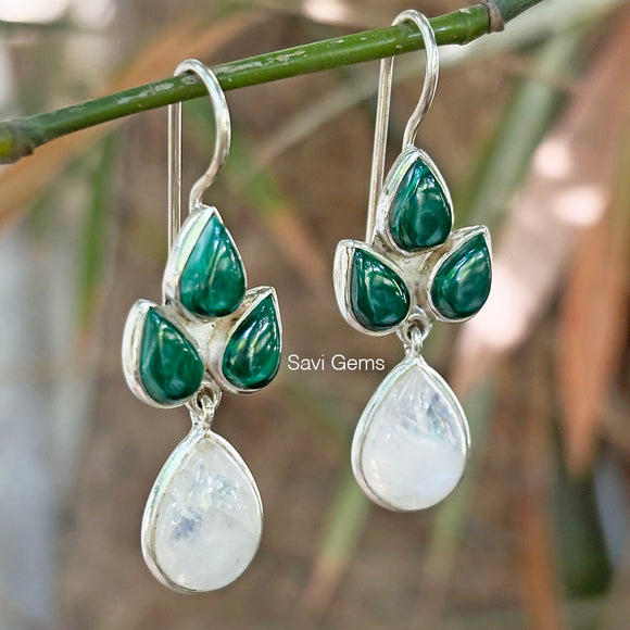 Malachite & Rainbow Moonstone Sterling Silver Earring