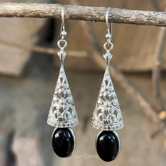 Black Onyx Bell Filigree 925 Sterling Silver Earring