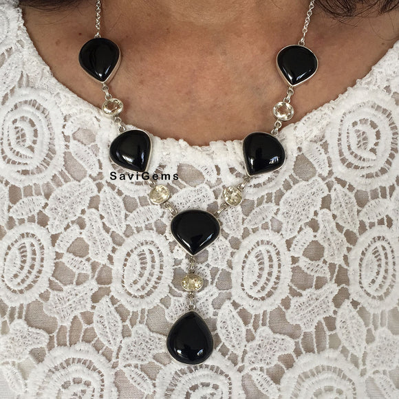 Black Onyx & Citrine Sterling Silver Necklace