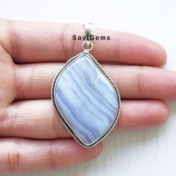 Blue Lace Agate Sterling Silver Pendant