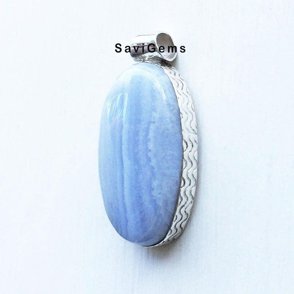 Blue Lace Agate Oval Sterling Silver Pendant