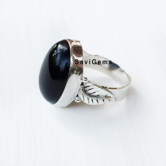 Black Onyx Leaf Sterling Silver Ring